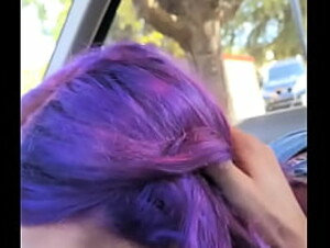 Purple haired teen sucks off a BWC in the car