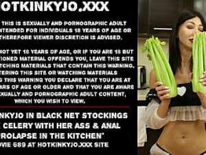 Hotkinkyjo in black net stockings fuck celery with her ass &amp_ anal prolapse in the kitchen