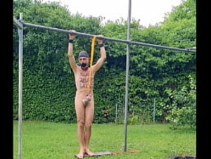 naked slave pig exposed in penis cage tied up outdoor in rain at my testicles, humiliating body writing, BDSM