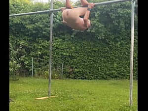 naked slave pig exposed outdoor tied up and swings at my testicles, clamps on nipple, BDSM CBT