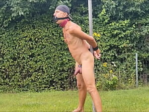 naked slave exposed outdoor in or without penis cage, tied up peeing during the evening, BDSM CBT