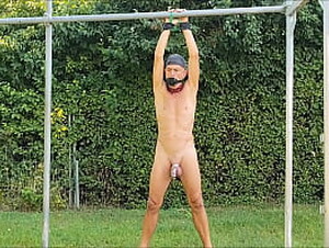 naked slave pig exposed handcuffed, outdoor in penis cage, clamps on testicles, no clamps, BDSM CBT