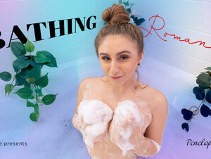 Naturally busty babe plays with her toys while in a bubble bath in VR